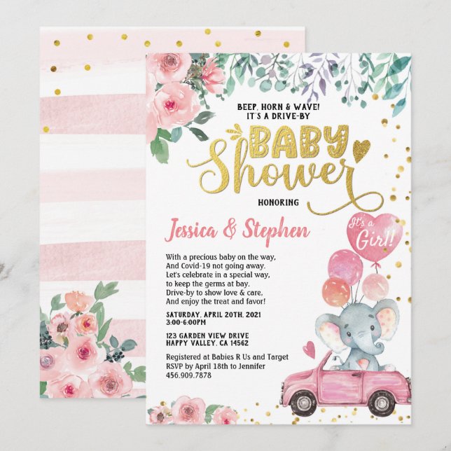 Girl Drive By Baby Shower Parade Pink Elephant Invitation (Front/Back)