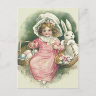 Girl Easter Basket Bunny Coloured Eggs Holiday Postcard