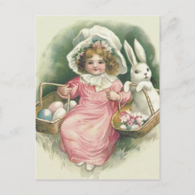 Girl Easter Basket Bunny Coloured Eggs Holiday Postcard (Front)