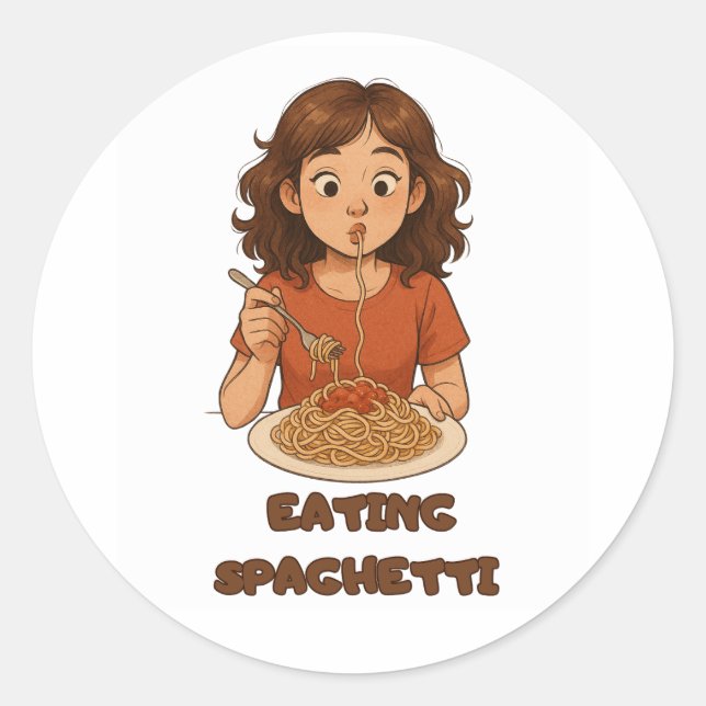 girl eating spaghetti classic round sticker (Front)