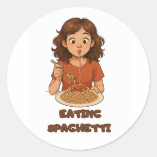girl eating spaghetti classic round sticker