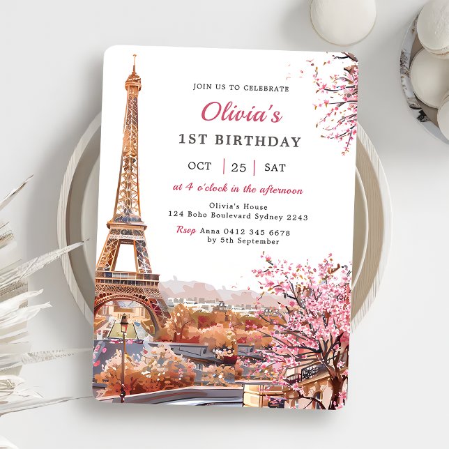 Girl Eiffel Tower Paris 1st Birthday  Invitation (Creator Uploaded)