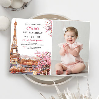 Girl Eiffel Tower Paris 1st Birthday Photo Invitation