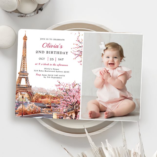 Girl Eiffel Tower Paris 2nd Birthday Party photo  Invitation (Creator Uploaded)