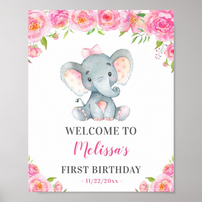 Girl Elephant 1st 2nd 3rd Birthday Party Welcome Poster (Front)