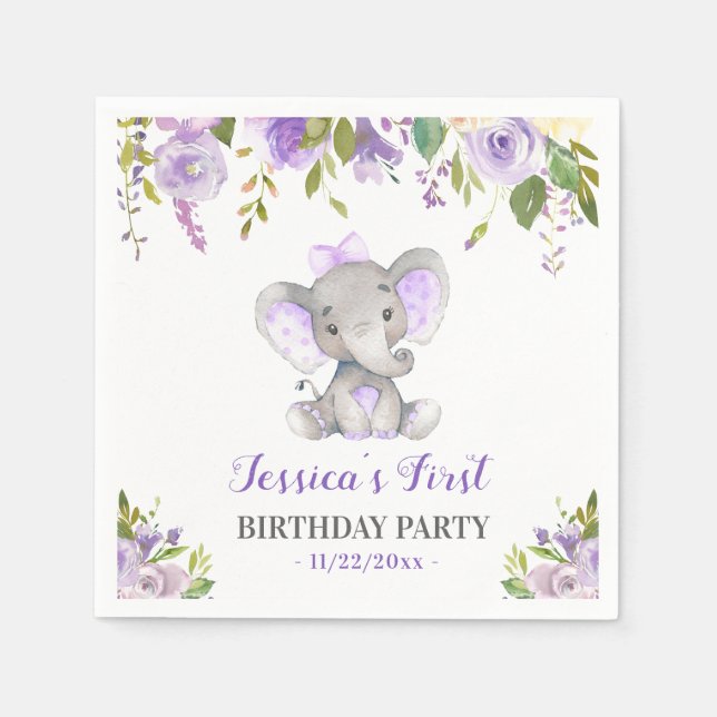 Girl Elephant 1st 2nd Birthday Party Little Peanut Napkin (Front)