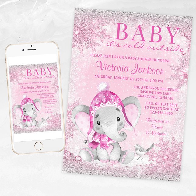 Girl Elephant Baby its Cold Outside Baby Shower  Invitation (Baby it's cold outside! winter wonderland baby shower invitation with adorable winter elephant.)