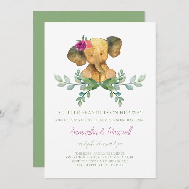 Girl Elephant Baby Shower Invitation (Front/Back)