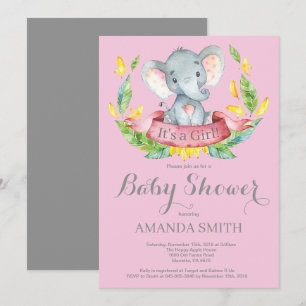 Girl Elephant Baby Shower Invitation Pink and Grey
