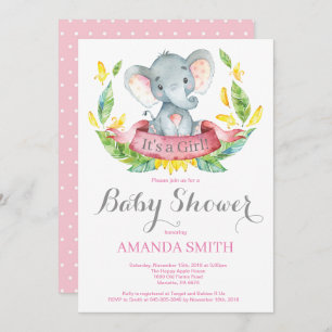 Girl Elephant Baby Shower Invitation Pink and Grey