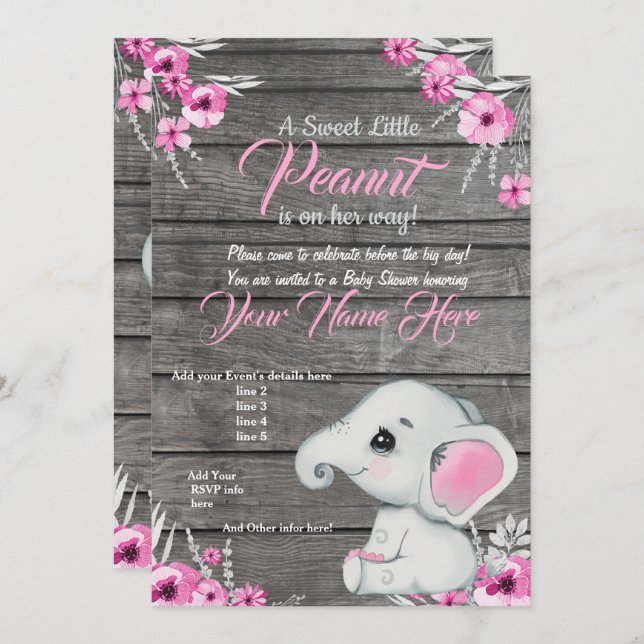 Girl Elephant Baby Shower Invitation, rustic, pink Invitation (Front/Back)