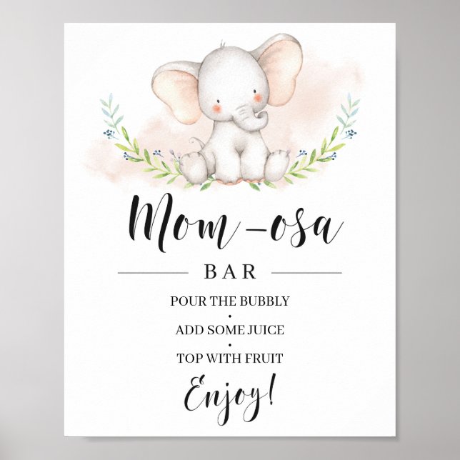 Girl Elephant Baby Shower Mom-osa Bar Sign (Front)