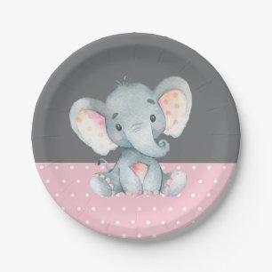 Girl Elephant Baby Shower Pink and Gray Paper Plate