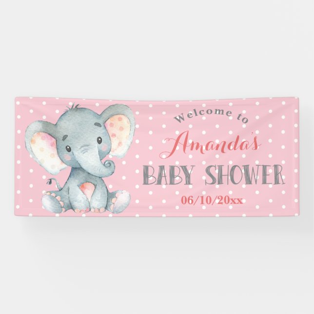 Girl Elephant Baby Shower Pink and Grey Banner (Horizontal)