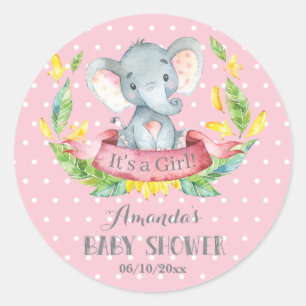 Girl Elephant Baby Shower Pink and Grey Classic Round Sticker