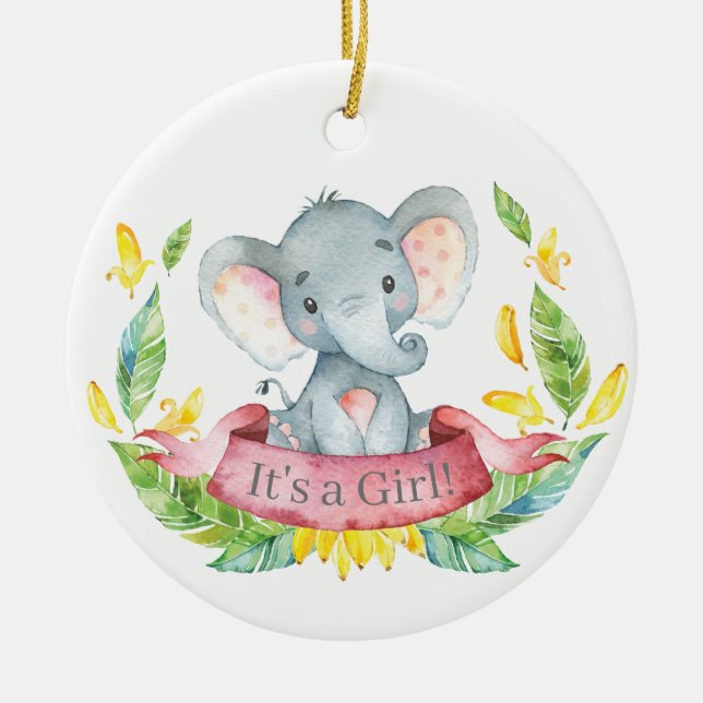 Girl Elephant Baby Shower Pink Ceramic Tree Decoration (Front)