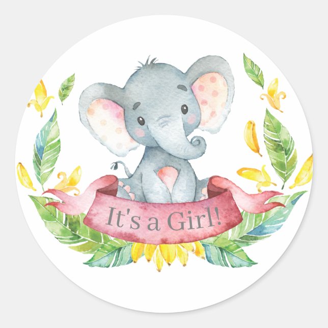 Girl Elephant Baby Shower Pink Classic Round Sticker (Front)
