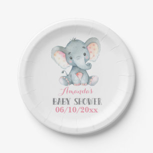 Girl Elephant Baby Shower Pink Paper Plate