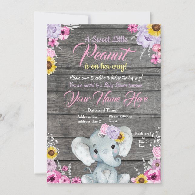 Girl Elephant Baby Shower, pink purple yellow Invitation (Front)