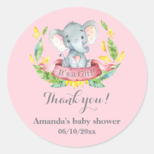 Girl Elephant Baby Shower Pink Thank You Favour Classic Round Sticker