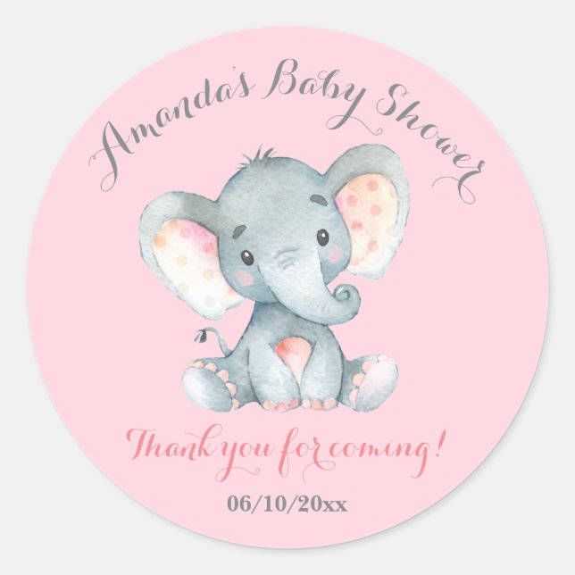 Girl Elephant Baby Shower Pink Thank You Favour Classic Round Sticker (Front)