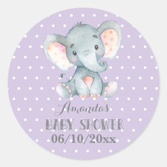 Girl Elephant Baby Shower Purple and Grey Classic Round Sticker (Front)
