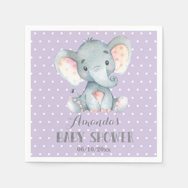Girl Elephant Baby Shower Purple and Grey Napkins (Front)