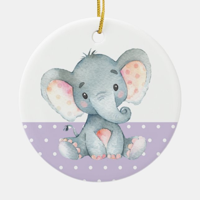 Girl Elephant Baby Shower Purple Ceramic Tree Decoration (Front)