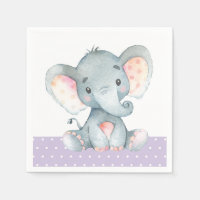 Girl Elephant Baby Shower Purple Napkins