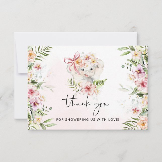 Girl elephant baby shower thank you card (Front)