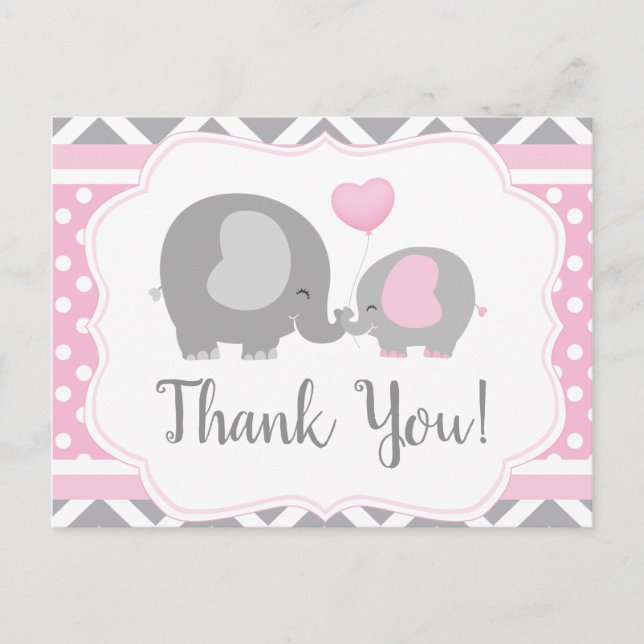 Girl Elephant Baby Shower Thank You Postcard (Front)
