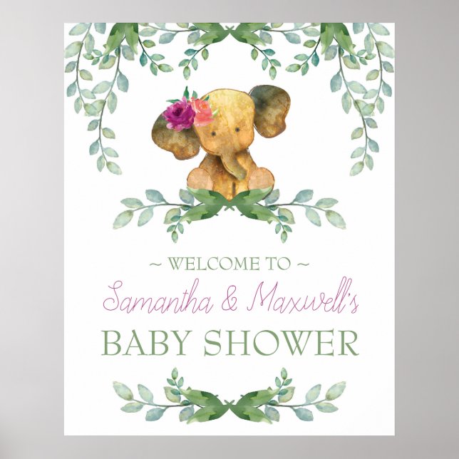 Girl Elephant Baby Shower Welcome Sign Pink Green (Front)