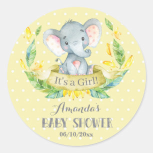 Girl Elephant Baby Shower Yellow and Grey Classic Round Sticker