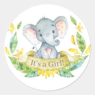 Girl Elephant Baby Shower Yellow Classic Round Sticker