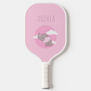 Girl Elephant Cute Pink Dreamy Clouds Kids Name Pickleball Paddle