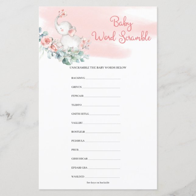 Girl Elephant Eucalyptus Wreath Baby Word Scramble (Front)