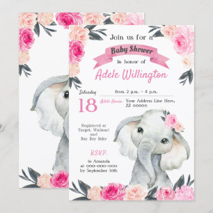 Girl Elephant Floral Pink Roses Rustic Elegant Invitation