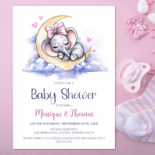 Girl Elephant Moon Baby Shower Invitation