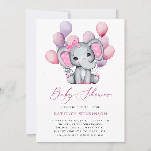 Girl Elephant Pink Balloon Script Cute Baby Shower Invitation (Front)