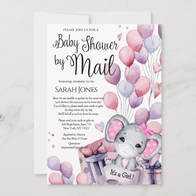 Girl Elephant Pink Balloons Baby Shower by Mail Invitation (Front)