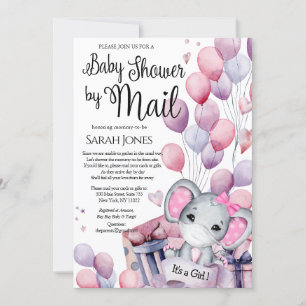 Girl Elephant Pink Balloons Baby Shower by Mail Invitation