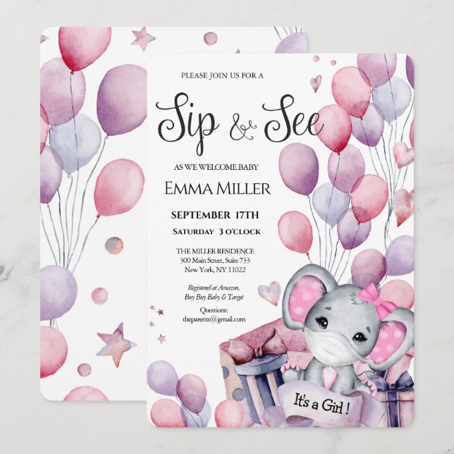 Girl Elephant Pink Balloons Baby Sip and See Invitation (Front/Back)