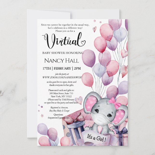 Girl Elephant Pink Balloons Virtual Baby Shower Invitation (Front)