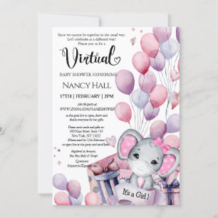Girl Elephant Pink Balloons Virtual Baby Shower Invitation