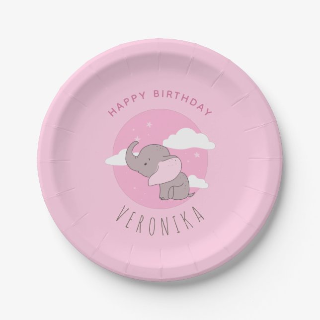  Girl Elephant Pink Dreamy Kids Birthday Party Paper Plate (Front)