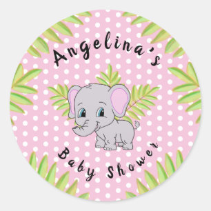 Girl Elephant Pink Polka Dot Baby Shower Animals Classic Round Sticker