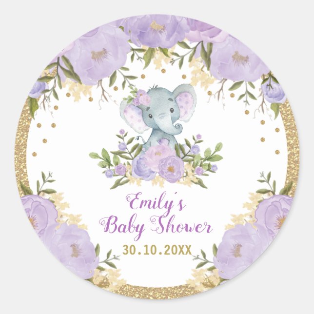 Girl Elephant Purple Gold Flower Baby Shower Classic Round Sticker (Front)