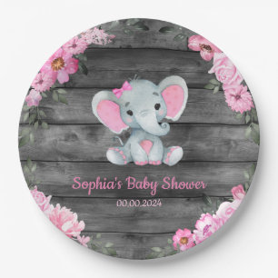 Girl Elephant Shower Floral Pink Paper Napkins Plate