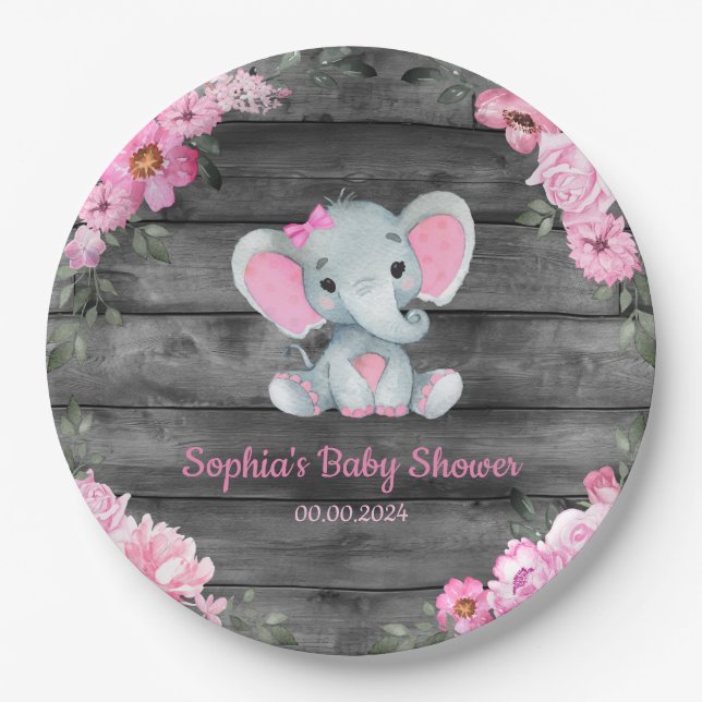 Girl Elephant Shower Floral Pink Paper Napkins Plate (Front)