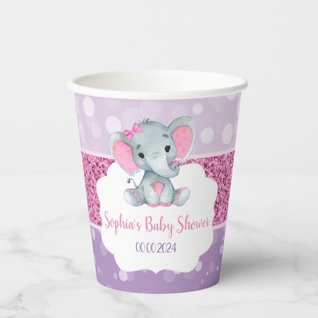 Girl Elephant Shower Pink Purple Paper Cups Custom (Front)